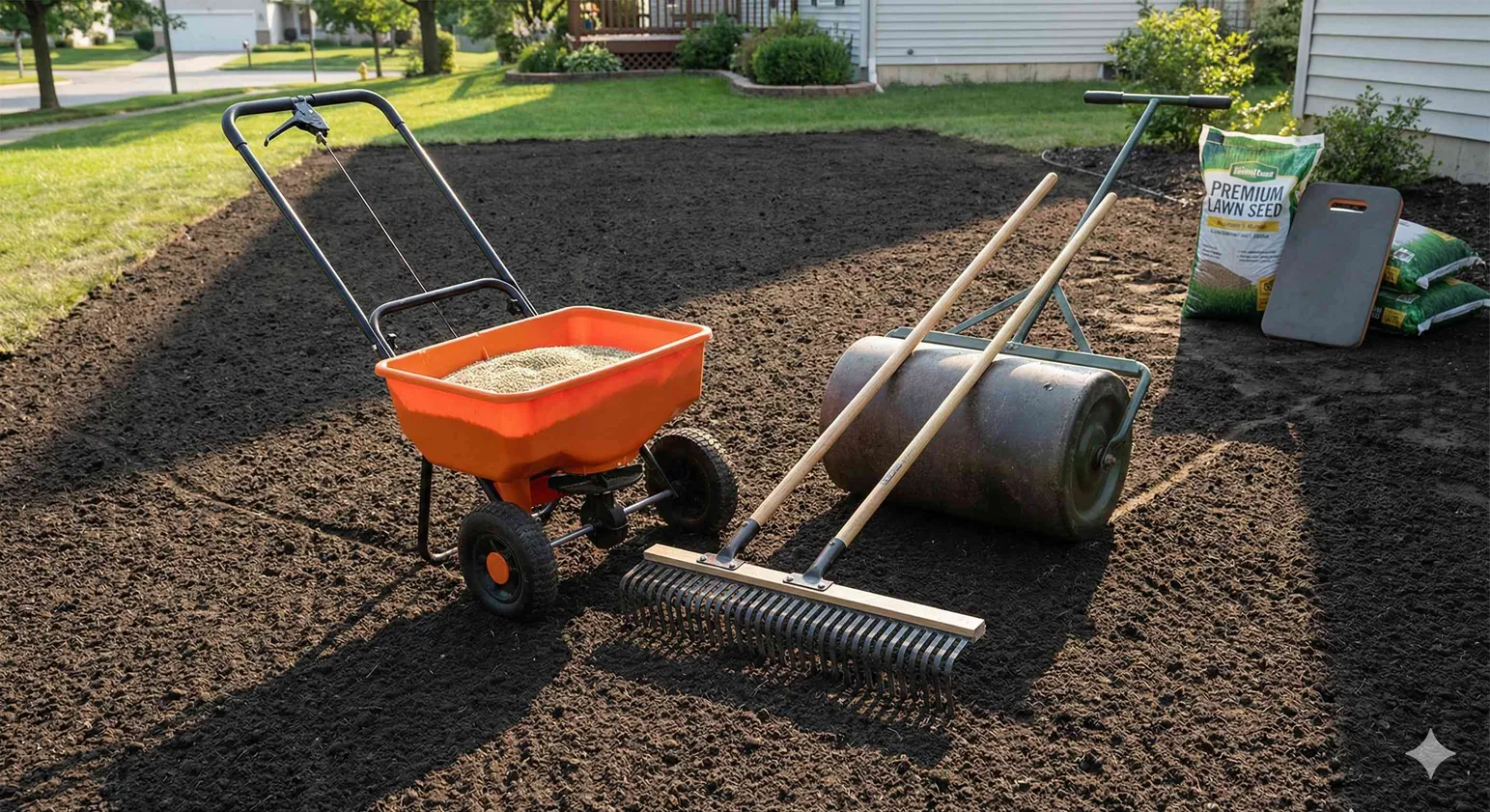 Seed spreader, rake, lawn roller and seed bags on freshly prepared soil before hydroseeding